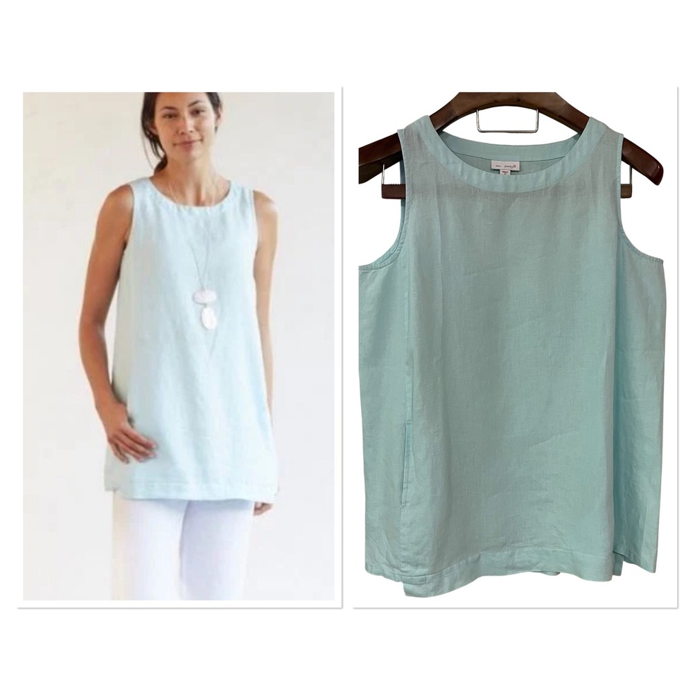 Pure Jill J Jill Petite Blue Linen Sleeveless Tunic Top Pockets Oversized PM - Picture 1 of 11